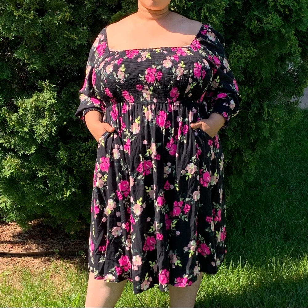 Torrid Black Pink Floral Challis Smocked Dress 2X